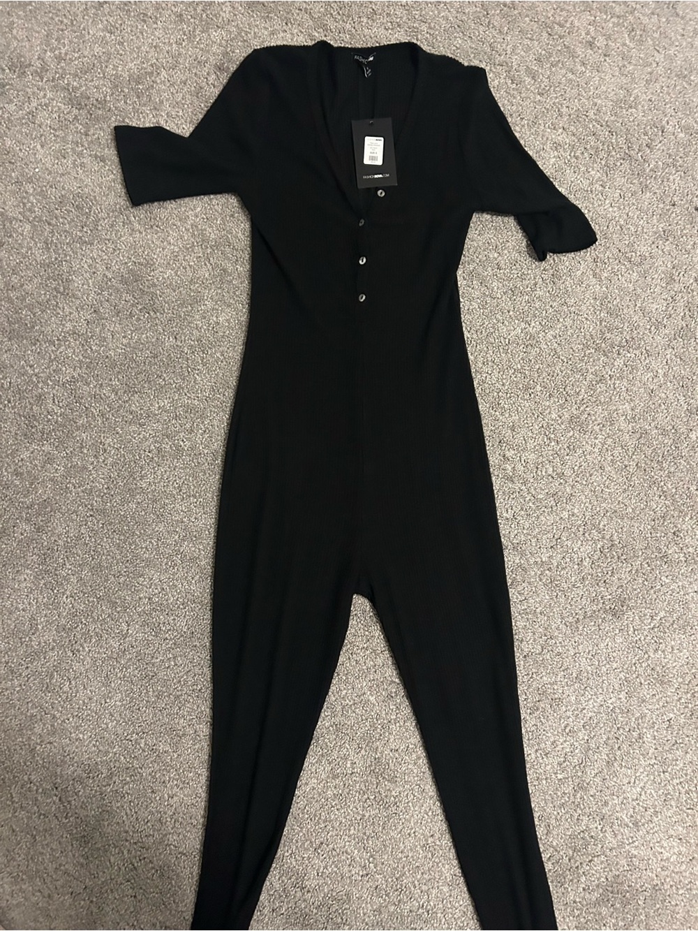 Fashion Nova Black Ribbed Henley Skinny Jumpsuit